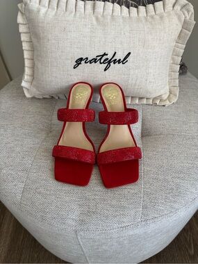 Vince Camuto Red Double-Strap Embellished Slide Heels never worn New